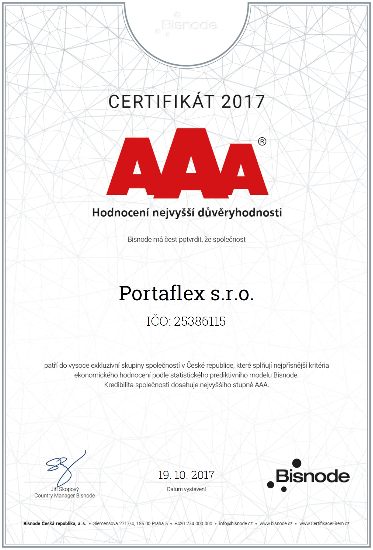 Certifikát platební morálky Portaflex s.r.o.